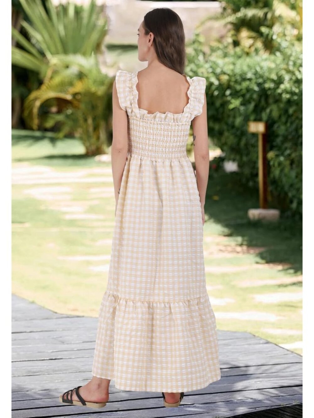 Women's Retro Plaid Smocked Dress Spaghetti Strap Flounce Long Dress - Picture 5 of 6